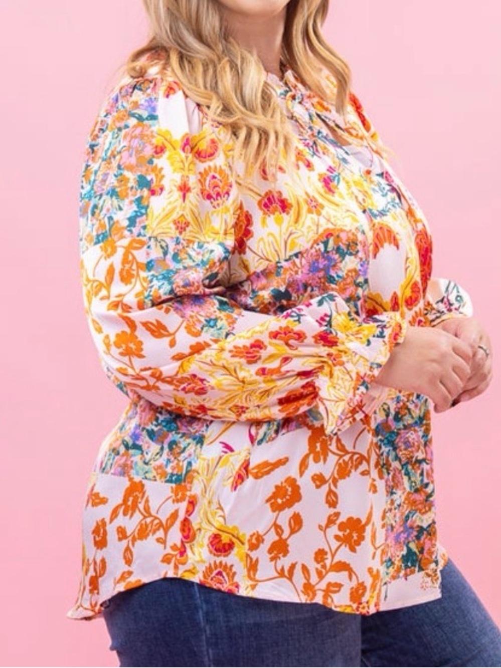 Floral Patchwork Tie-Neck Women's long sleeve Top Pink / Yellow. Medium. Jodifl - Picture 3 of 8
